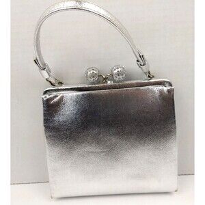 Vintage AFTER FIVE Silver Evening Clutch Hand Bag Rhinestone Orbs Kiss‎ Lock